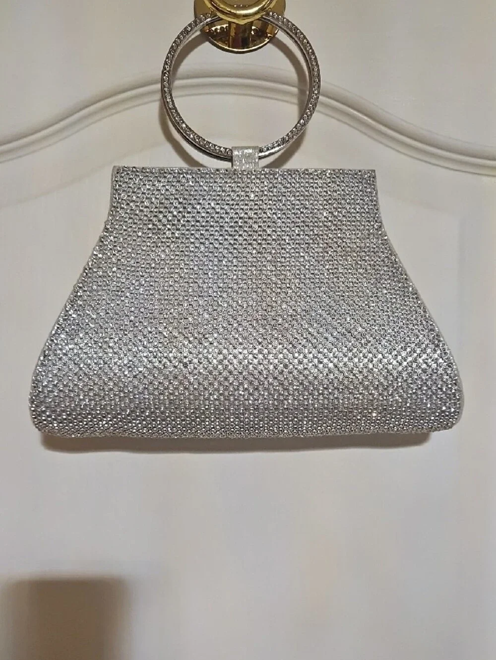New Rhinestone Ring-Handle Silver Evening Clutch